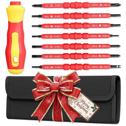 Insulated Screwdriver Set – Christmas Magnetic Screwdriver Set with Case – 14 Versitale Tips (3 Crosshead, 3 Slotted, 4 Six-Point, 2 Square, 2 Hexagonal), Strong Magnetic Tips and Insulated Cover
