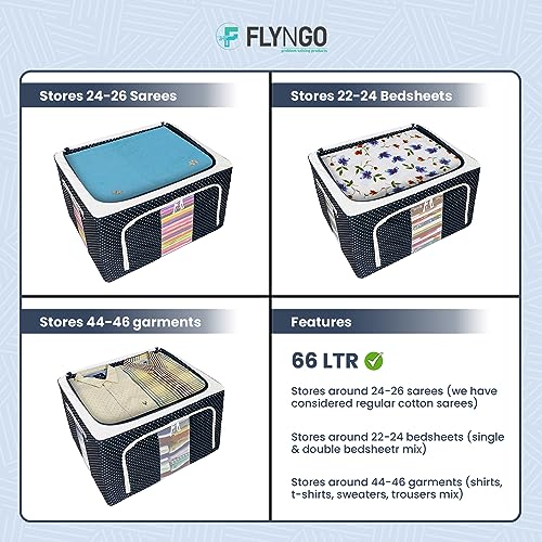 Image of FLYNGO Fabric Foldable Steel Frame Clothes Organizer Storage Box for Wardrobe, Saree, Shirts, and Blankets (66 Ltr - Pack of 4)