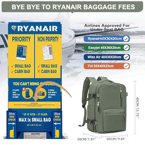 Mochila impermeable cabina 40x30x20 con compartimentos para ryanair maleta de mano verde b6 2