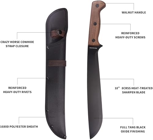Miniatura 2 de MOTEECRAG Machete Tactical - Cuchillos tácticos de hoja fija de acero inoxidable con mango de nogal de madera dura con funda para cortar, dividir y