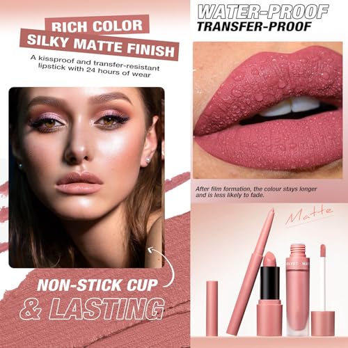 Image of Matte Lip Liner Lip Stick Lip Oil Set, Lip Makeup Set Natural Smooth Long-Lasting And Hydrating Beauty Daily Cosmetics Gift for Girls Easy-to-Use(#03)