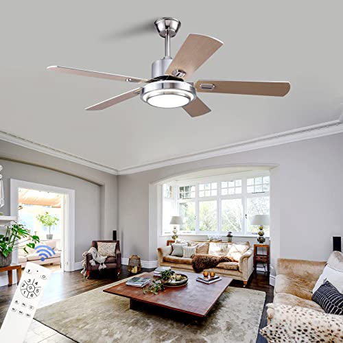 Boomjoy 52”Wood Ceiling Fans With Lights And Remote Control Indoor Outdoor Modern Silver Ceiling Fan With Led Bright Light For Living Room Bedroom Farmhouse Patios Garage Gazebo Dc Motor Dual 5 Blades #TOP7