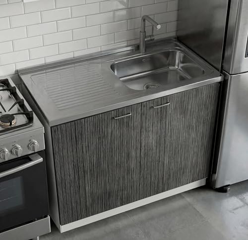 Image of Tuhome Napoles Utility Sink Base Cabinet with Integrated Stainless Steel Countertop, Freestanding Cabinet with Double Doors, Interior Shelf for Laundry Room, Utility Room, Mudroom or Kitchen