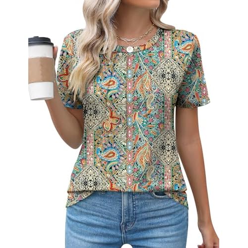 Kistore Womens Casual Crew Neck Short Sleeve Pleated Tops Blouses Fashion Clothes 2026 A7 Paisley Pattern X-Large