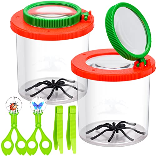 MINSHUXI Boîte Loupe à Insecte Visionneuse D'Insectes Conteneur à Insectes 2 Coupe d'observation des Insectes 2 Pince-Ciseaux à Bout Rond 2 Pince à Épiler pour Nature Science Jeux en Plein air