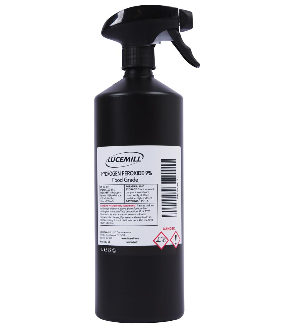 Lucemill Hydrogen Peroxide 9% Food Grade I 1 Litre I Liquid Hydrogen Peroxide Food Grade I Unstabilised I Eco Friendly I Additive Free