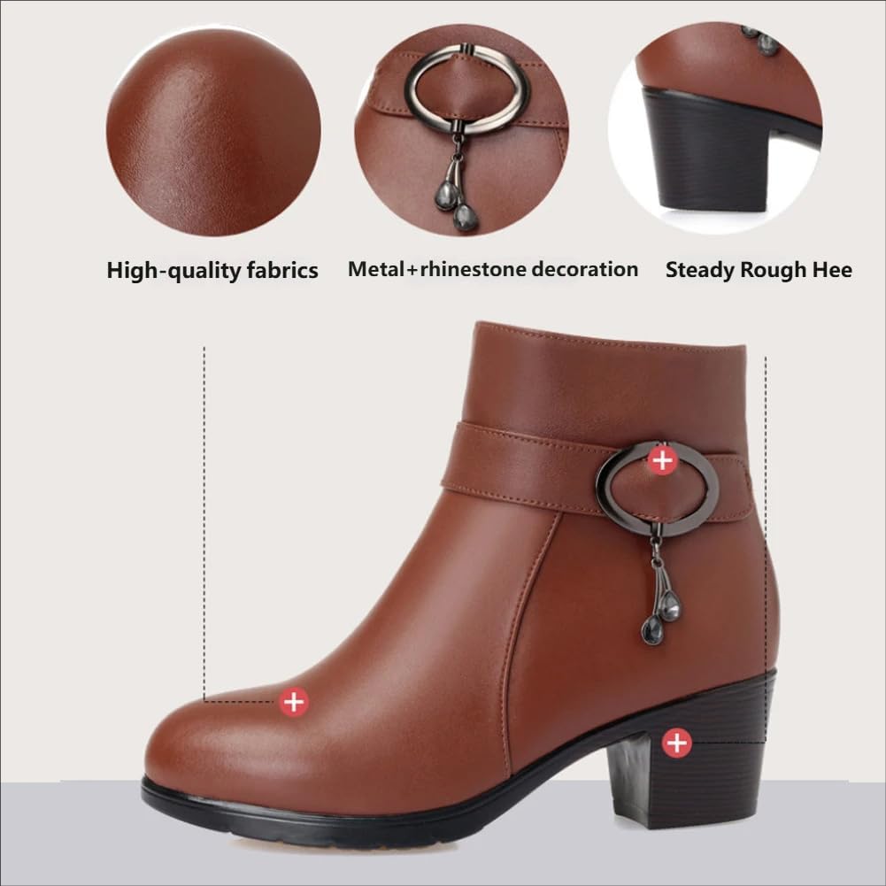 Women’s Low Heel Ankle Boots with Rhinestone Pendant Decorations - Chunky Block Heel Booties for Wide Feet, Comfortable Dressy Short Boots, Fashion Platform Boots Sparkling Accents for Casual & Office