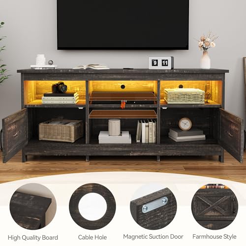 DWVO TV Stand for up to 65 Inch TV, Entertainment Center with Storage, TV Cabinet with Power Outlet & LED Light Strip, Media Console Television Stands for Living Room, Dark Rustic Oak