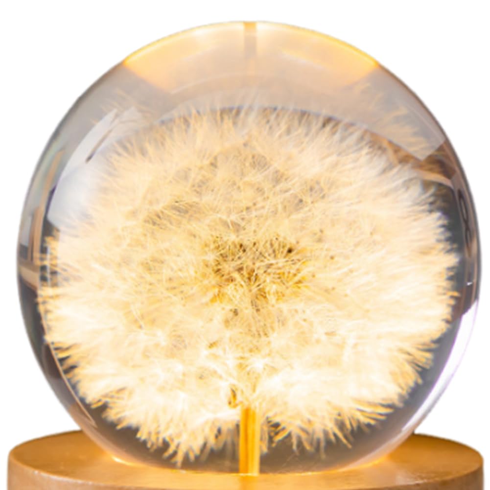 Boule Cristal Pissenlit Avec Socle Bois - Fleur Réelle Sous Résine, 6 Cm, Éclairage LED USB - Veilleuse Déco Cadeau Femme Enfant