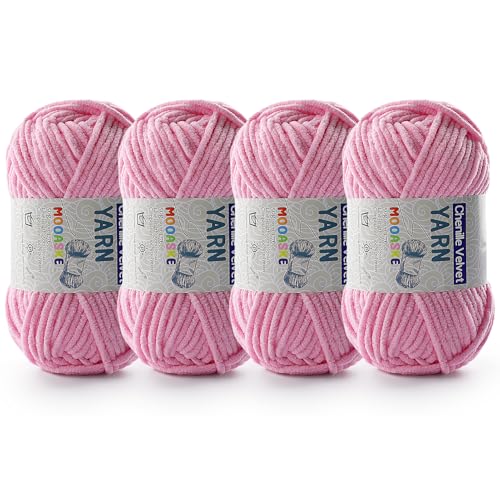 Image of 4 Pac Chenille Yarn for Crocheting - Blanket Yarn for Crocheting - Fluffy Yarn for Crochet, Baby Yarn for Crocheting Soft Blankets Weight Per Roll 50g /1.76oz, Length 60m /65yard (Dark Pink)