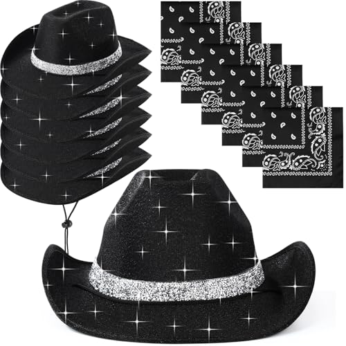 Image of Coume 12 Pcs Sparkly Adults Cowboy Hat and Bandanas Women Men Western Glitter Cowgirl Party Hats with Adjustable Drawstring