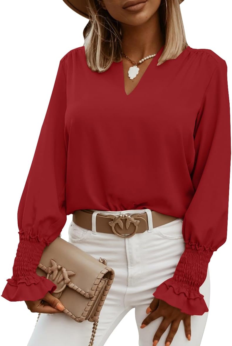 LYANER Women's V Neck Shirred Bell Long Sleeve Blouse Casual Tunic Top Medium Red