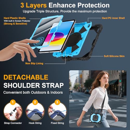 Image of Case for iPad A16 11th /10th Generation 11 inch /10.9 inch 2025 /2022, Ubearkk for iPad a16 case with Screen Protector, 360 Degree Rotating Stand Shoulder Strap Pencil Holder, Black Blue