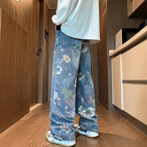 Baggy Jeans Men Vintage Y2k Floral Jeans Flower Print Casual Oversize Streetwear Wide Leg Denim Pants Loose Fit4