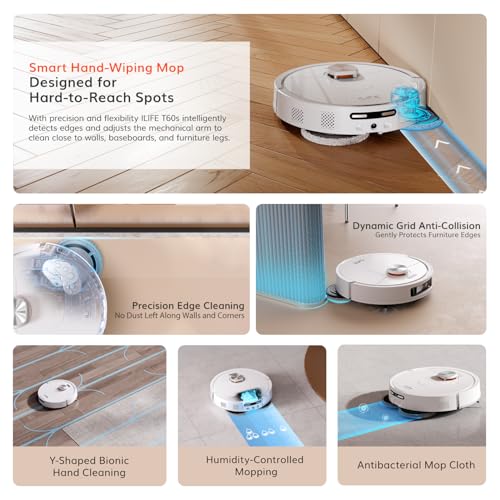 Image of ILIFE Robotic Vacuum Cleaner T60s with AI and LiDAR, All-in-One Self Cleaning Station with 60C Auto Wash, Hot Air Drying, Hair Collection & Detergent Dispensing, Extendable & Auto-Lift Mop (White)
