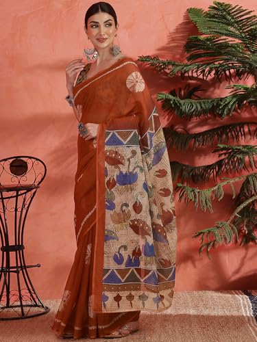 Image of Satrani Women's Linen Printed Saree with Unstitched Blouse Piece