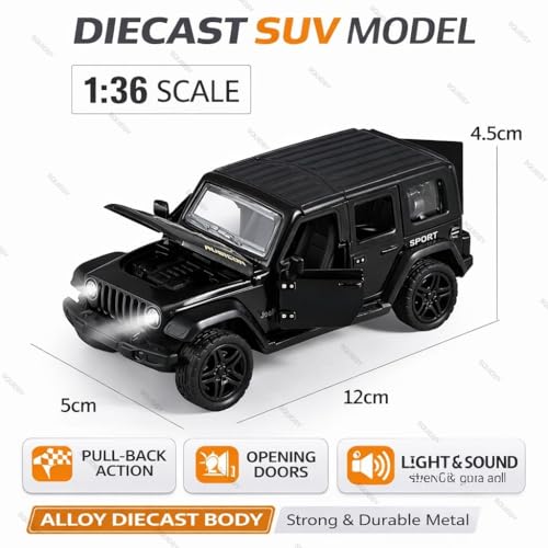 Image of 1:36 Scale Rubicon Car Model - Die-Cast Metal Pull Back SUV with Openable Doors, Lights & Music - Alloy Off-Road Toy Vehicle for Kids, Boys & Collectors (Black)