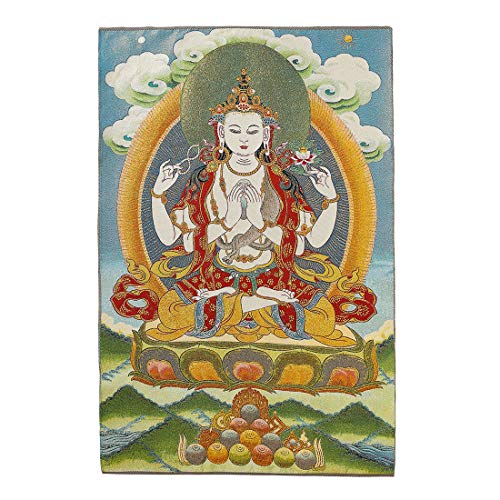 Prime Feng Shui bordado de seda tibetano Thangka con Tara verde/Buda kashgari/cuatro brazos Kwan Yin Avalokitesvara para colgar en la pared para decoración del hogar Thangka meditación, raso
