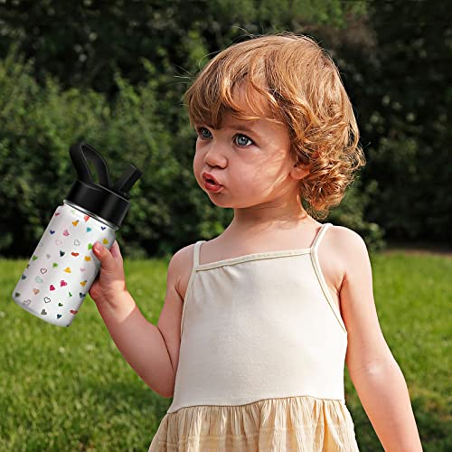 Kids Water Bottle For School, 14Oz Boys Girls Insulated Water Bottle With Strap Sleeve, Colorful Heart Stainless Steel Tumbler Cups With Straw Lid, Toddler Water Bottle With 20 Name Stickers #TOP6