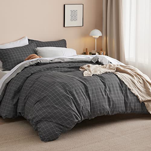 Image of Bedsure Duvet Cover Twin Size - Reversible Plaid Duvet Cover Set with Zipper Closure, 2 Pieces Dark Grey Bedding Set with 8 Corner Ties and 1 Pillow Sham 20 inchx26 inch