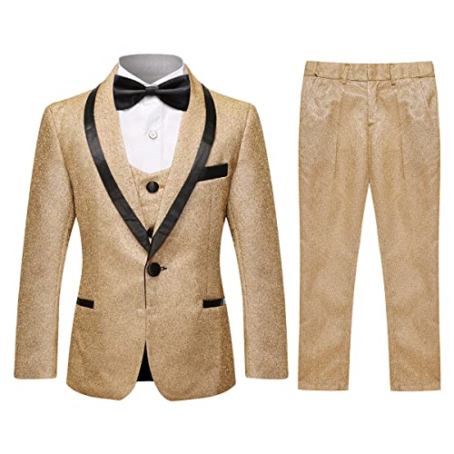 SWOTGdoby Boys Gold Tuxedo Suit 3 Pieces Set for Wedding | Shiny Shawl Lapel Blazer Vest Pants Festival Performance Prom Formal Dress product thumbnail 2
