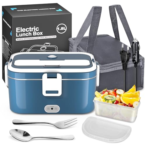 Gamelle Chauffante Electrique 1.8L, Lunch Box Chauffante 120W Chauffage Rapide, 12V/24V & 220V/240V, Boîte Repas Isotherme avec Sac et Accessoires, Facile à...