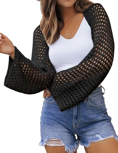 Image of Libsorge Womens Lightweight Crochet Knit Cardigan Spring 2026 Cropped Shrug Long Sleeve Hollow Out Cardigans