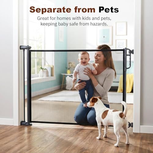 Image of Baybee Retractable Baby Safety Gate Fence for Kids & Pets | 140 cm Stretchable Mesh with Secure Childproof Lock | Foldable Drill-Mount Barrier for Door, Stairs & Kitchen (Black)