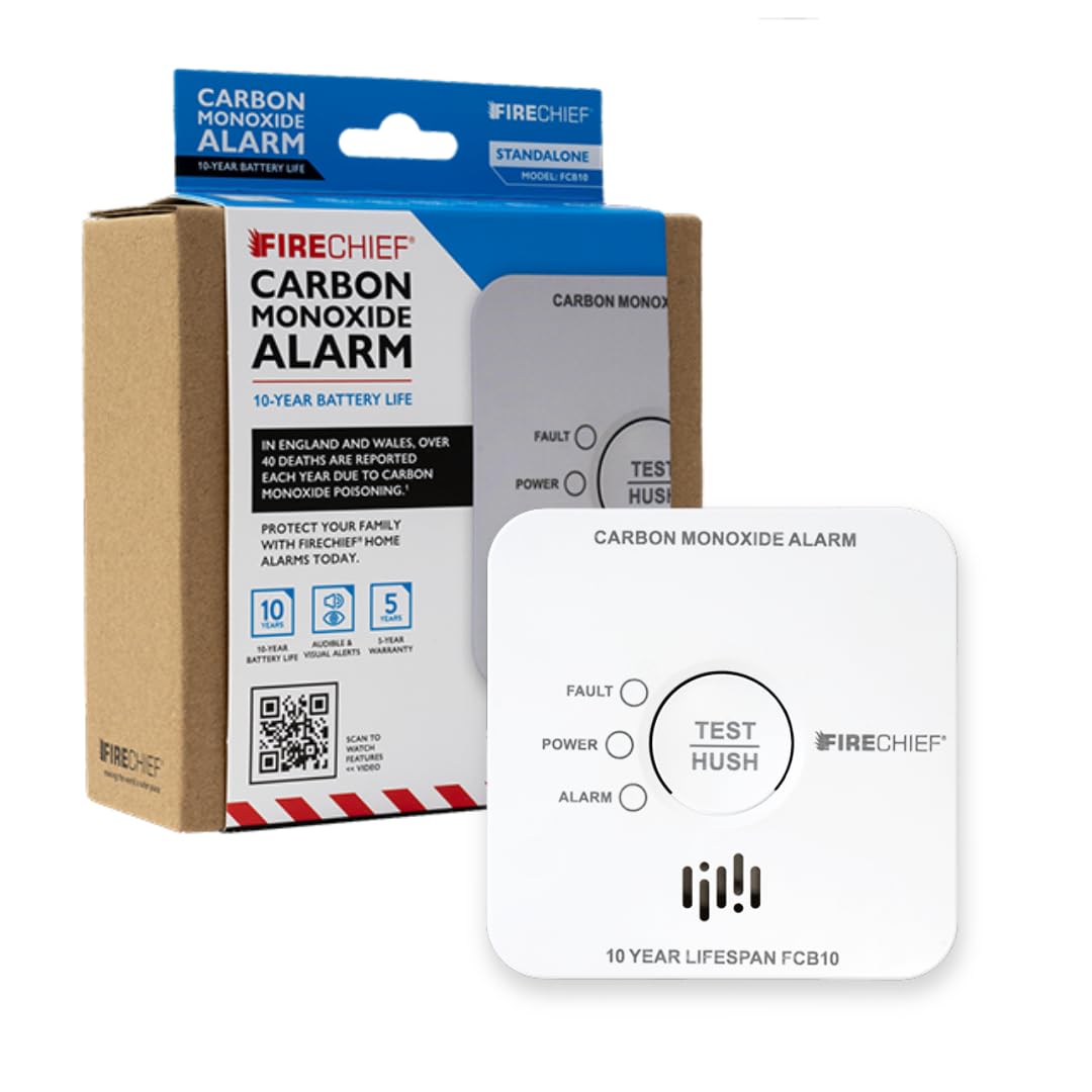 Carbon Monoxide (CO) Alarm - 10 Year Sealed Battery Gas Alarm - SGS Certified to EN50291 - For Rooms With Fuel Burning Appliance eg Boiler, Heater or Cooker - Firechief FCB10 Model