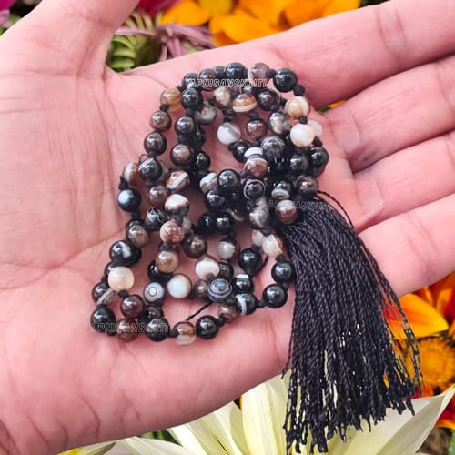 Image of Apnisanskriti Premium Sulemani Hakik Stone Mala for Men and Women (6mm, AAA Quality, Lab Certified, 108+1) - Natural Stone Beads Mala - Black & White Bands Colour - Pack of 1