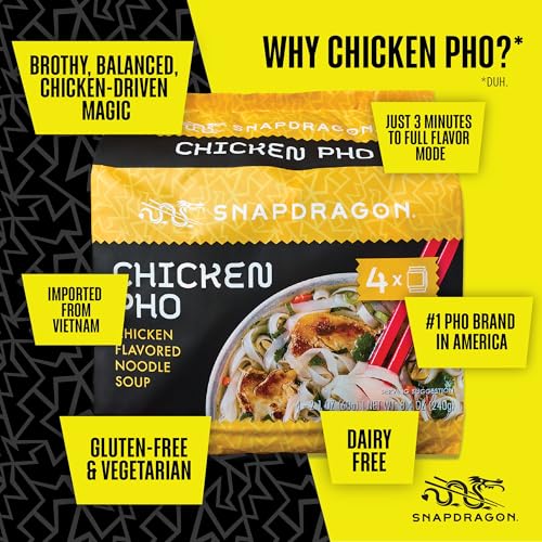 Image of Snapdragon Chicken Pho Instant Noodle Packets 4-Pack | Rich Chicken Flavored Broth with Rice Noodles, Gluten Free, No Artificial Flavors, 4 2.1oz Packets