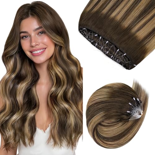 Image of GOO GOO Sew in Hair Extensions Real Human Hair, Micro Beaded Weft Hair Extensions Human Hair, 4 /27 /4 Balayage Chocolate Brown to Caramel Blonde 22 Inch 110g, Natural Volume