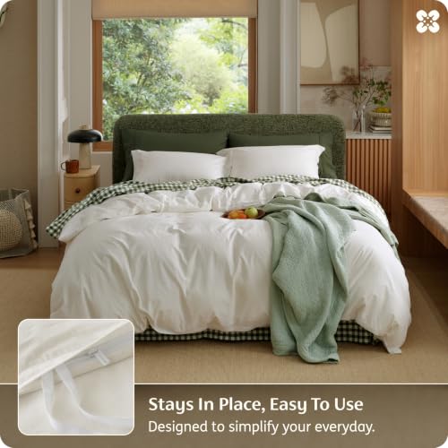 Image of Bedsure PureWoven 100% Washed Cotton Duvet Cover Set, Full Size, 3-PC | Linen Like Texture, Percale Breathable Bedding Set for All Seasons, Zipper Closure, 8 Corner Ties, Ivory, 80 inch x 90 inch