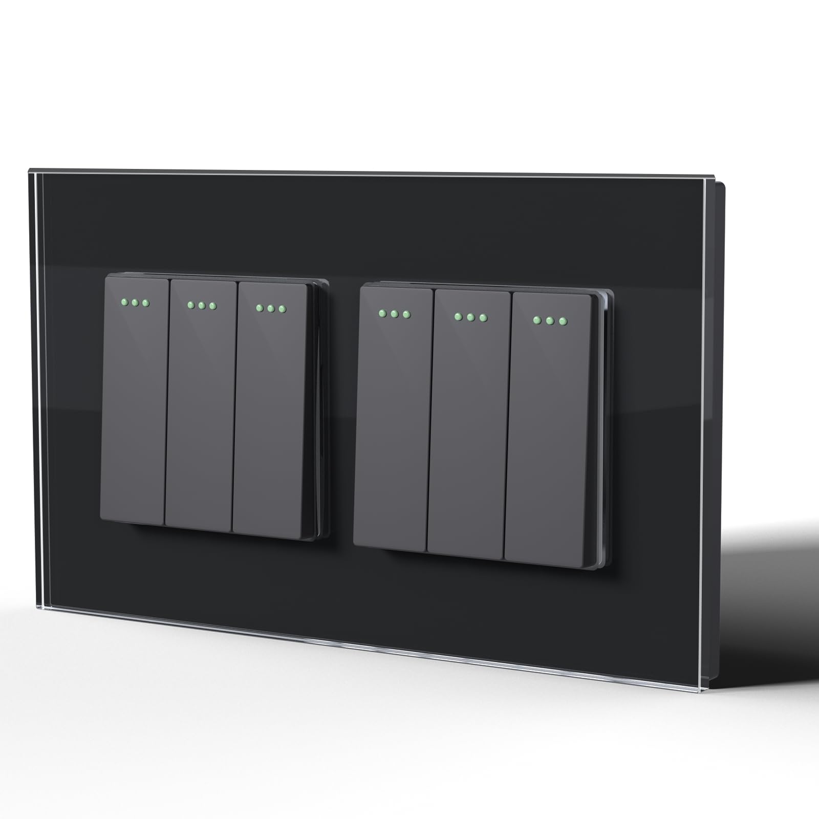 BSEED Electrical Wall Light Switch,Rocker Button wih LED Backlight,10A Toggle On/Off,Glass faceplate, Horizontal & Vertical Mounting,Double 3 Gang 1 Way,146mm Black — image 1