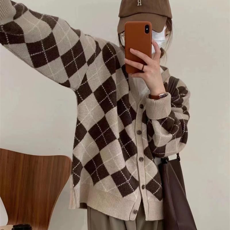Women's Argyle Graphic Button Grandpa Sweater Vintage Y2k Aesthetic Fairy Grunge Clothes Plaid Preppy Cardigan2