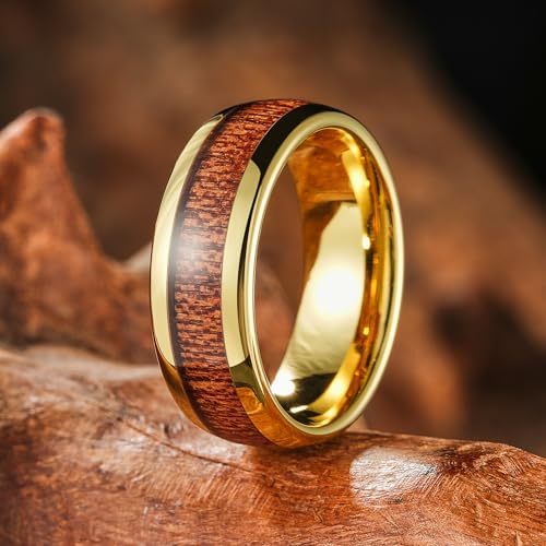 Image of King Will Nature Koa Wood Inlay Tungsten Carbide Wedding Ring 8mm Silver /Black /Gold /Green /Rose Gold /Blue Wedding Band for Men High Polished Anniversary Rings Comfort Fit Size 6-15