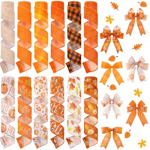 12 Rolls Fall Wired Edge Ribbon for Wreaths 2 Inch x 60 Yards Maple Leaves Pumpkin Burlap Ribbon Thanksgiving Plaid Crafts for Autumn Harvest Party Decoration Supplies 12 Styles