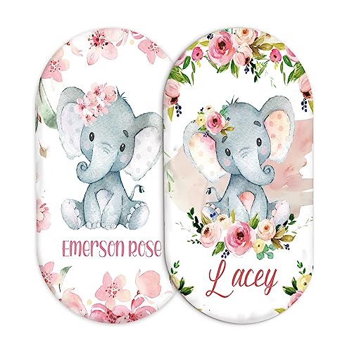 Image of Personalized Baby Bassinet Crib Sheet Set 2 Pack, Custom Bassinet Mattress Sheets with Name, Elephant Pink Floral Sheets, Universal Fitted for Various Moses Basket Cradle Mattress Pad(16" x 32")