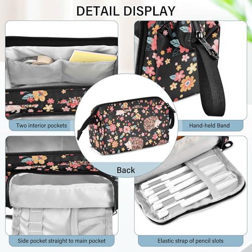 Image of Fisyme Flowers Hedgehogs Pencil Case Large Capacity Pencil Pouch Pen Bag Box Big Makeup Pencil Case Organizer