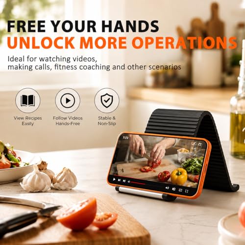 Image of HOUSELY Flexible Silicone Aluminum Phone Stand Foldable Adjustable Mobile Holder Anti Slip Desk Mount Portable Bendable Tablet Support Laptop Stand for Table Travel Office Home - Black