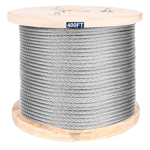 1/4" Stainless Steel Cable, 400 ft, 7X 19 Strands Wire Rope, 6400lbs Breaking Strength, Steel Aircraft Cable for Yard Zipline, Deck Railing, Boat Lifts, Dog Run, Straightening Trees