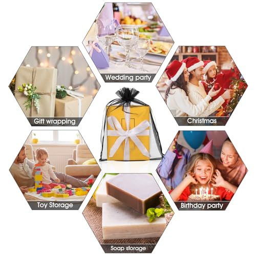 Image of Hopttreely 100pcs Sheer Organza Gift Bags, 6X9 Inch Black Mesh Drawstring Pouch for Wedding Party Favor Jewelry Gift Bags
