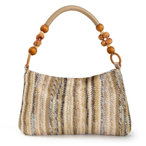 Image of Small Straw Shoulder Bag for Women, Woven Summer Handbag with Wooden Beaded Handle Vacation Purse