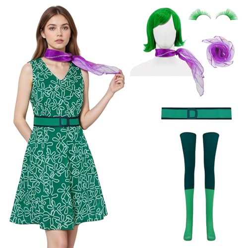 EDAUWAE Joy Costume Women Inside Disgust Costume Out 2 Cosplay Dress Halloween Yellow Green Dance Running Activewear Dress L