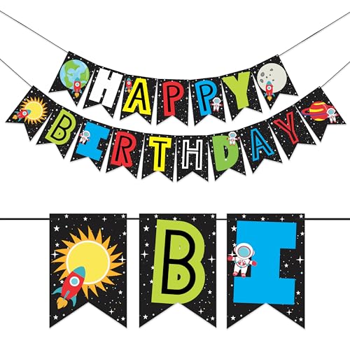 Wobbox Birthday Bunting Banner Multicolor Happy Birthday Star and Moon Theme, Party Decoration Set of One, Pre-Strung Decor