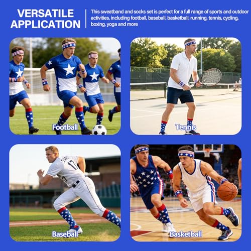 Image of 10 Pieces Striped Sweatbands and Striped Socks Set Headbands Wrist Sweat Bands for Men and Women Sports 80s 90s Fitness