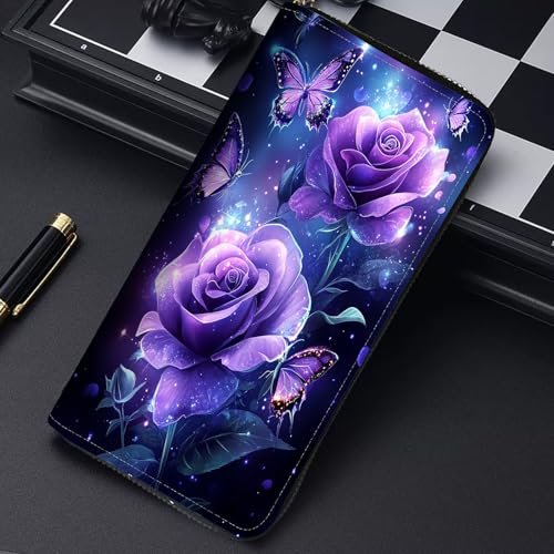 RFID Blocking Leather Wallet for Women – Large Capacity Zip Around Clutch with 8 Card Slots,40 Cash Pockets & Coin Zipper,Purple Rose Butterfly3
