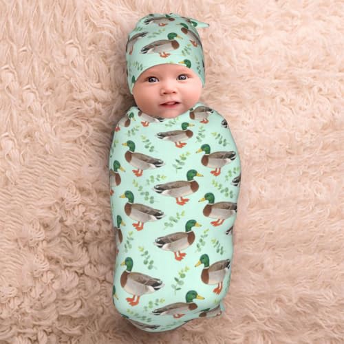 Image of Mallard Duck Baby Stuff Swaddle Blanket with Hat, Newborn Blanket Set