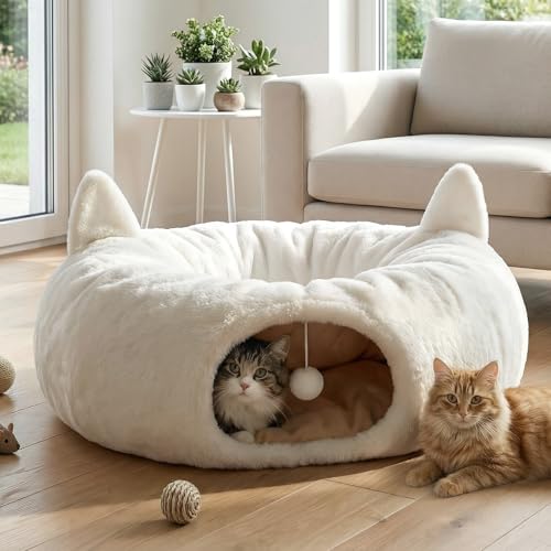 Fayavoo Katzentunnel Rund Weiß mit Katzenbett, Weicher Plüsch Katzen Donut Tunnel Spielzeug mit Waschbarem Kissen, Peekaboo Katzenhöhle Spieltunnel XXL für Indoor Katzen & Haustiere