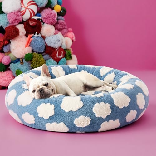 LE SURE Donut Dog Bed Medium Size Dog - Round Cat Beds for Indoor Calming Pet with Washable Cover, Cute Modern Puppy Beds with Jacquard Shaggy Plush & Anti Slip Bottom, 30 Inch, Blue